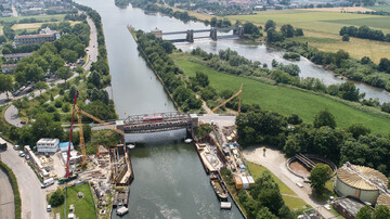 Aerial view of the construction site for the new Ladenburg flood barrier